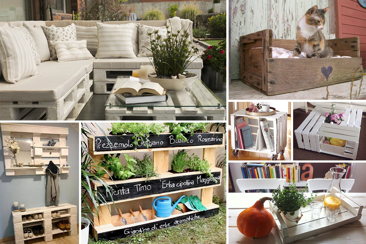 Idee per riciclo creativo di oggetti di legno come pallet e cassette della frutta